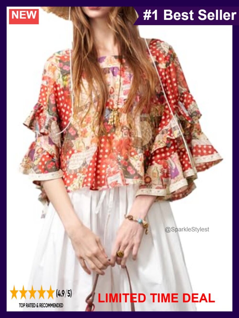 Bohemian Mixed Print Crop Blouse Ruffle Bell Sleeve Square Neck Flowy Top
